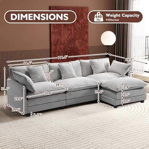 Ihanherry 111.4" U Shaped Modern Cloud Sofa Modular Sectional Couch with 2 Ottoman, 5-Seat Chenille Deep Seat Sofa with Pillow for Living Room