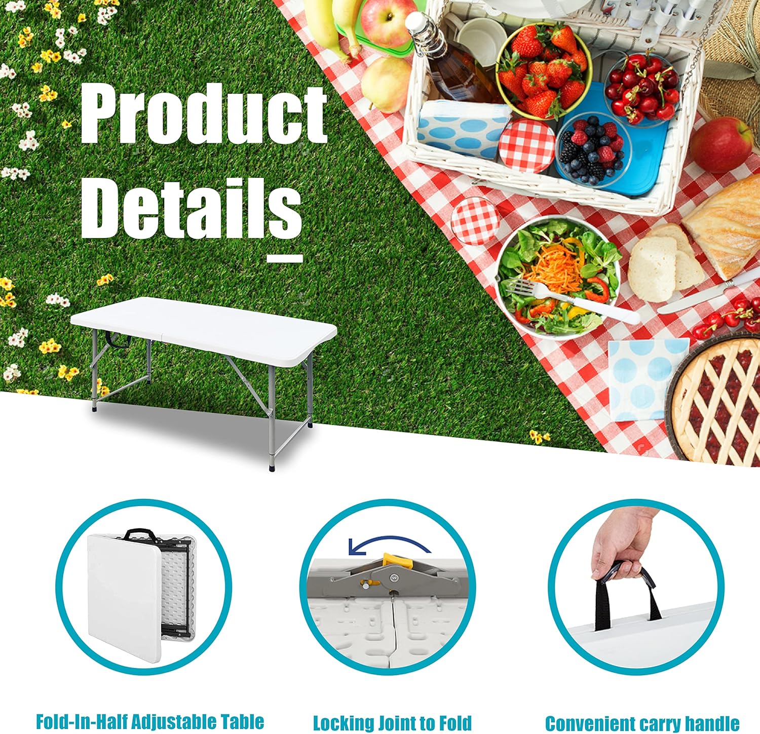 Go-Trio 4ft Low Portable Picnic Table, Boho Picnic Table with Carry Bag, Wooden Picnic Table Foldable