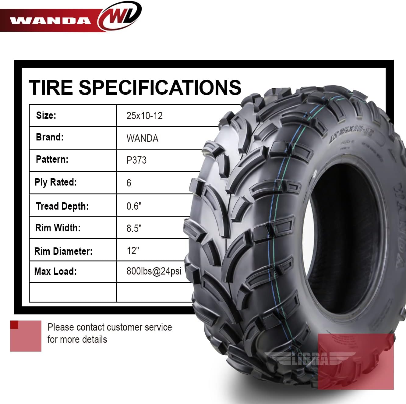 One New WANDA ATV/UTV Tire 25x10-12 25x10x12 /6PR High Load Capacity - 10204