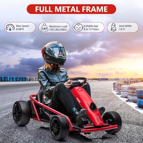Go Kart Electric Drift Kart Car, 24V Outdoor Ride on Toy, Fast 2×300W Motor, 8 MPH High Speed Drift Car, with Music and Slow Start