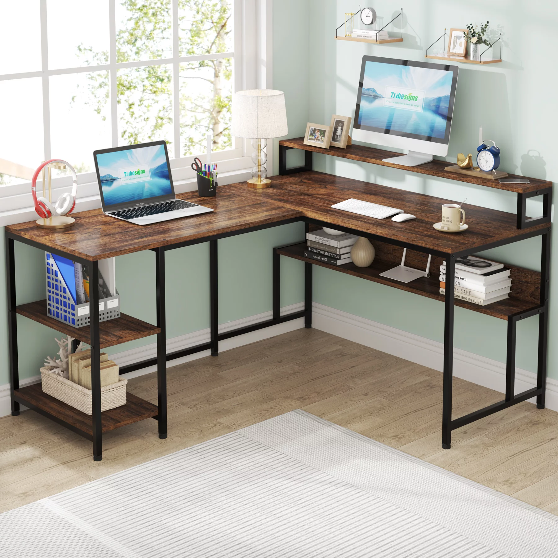 Tribesigns Reversible L Shaped Desk with Monitor Stand, 59 Inch Corner Computer Desk with Storage Shelves
