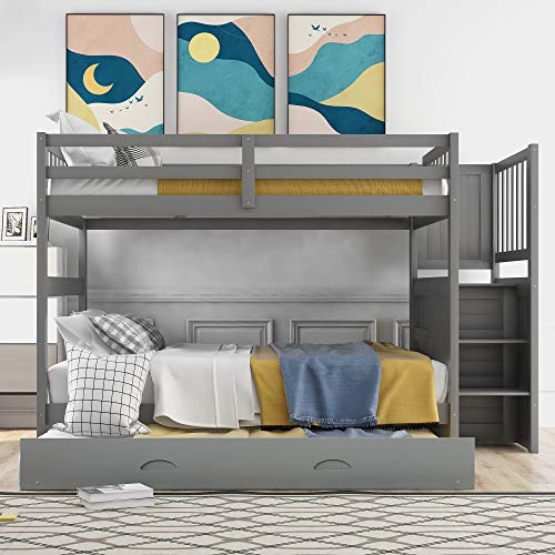 Ball & Cast Full Over Full Bunk Bed with Twin Size Trundle and Built in 4 Drawer,Wood Bunkbed w/Storage Ladder & Slat Support