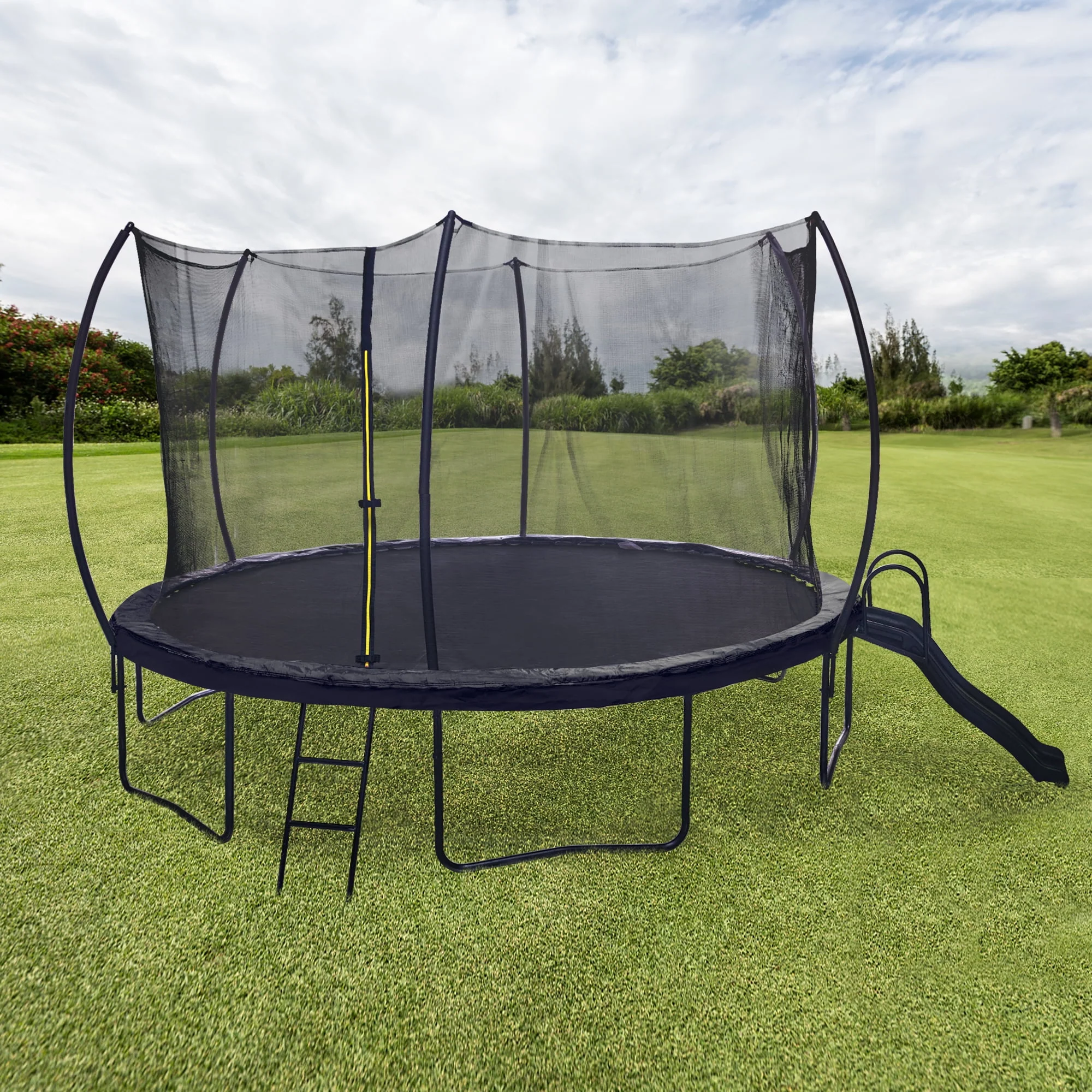 Soges 12FT Trampoline with Slide for Kids and Adults Outdoor Trampoline with Ladder and Safety Enclosure Net Pumpkin Trampoline with Curved Poles