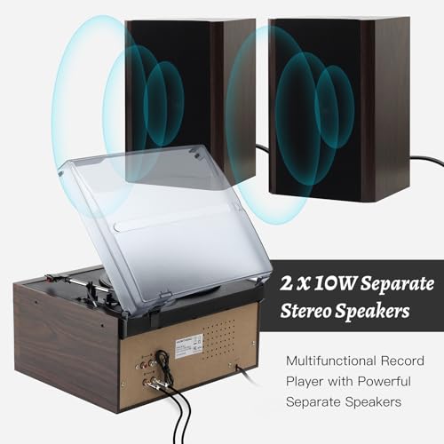 10 in 1 Record Player with External Speakers, 3 SpeedTurntable with AM/FM Radio, CD & Cassette Player, Bluetooth, USB/SD Playback, Remote Control