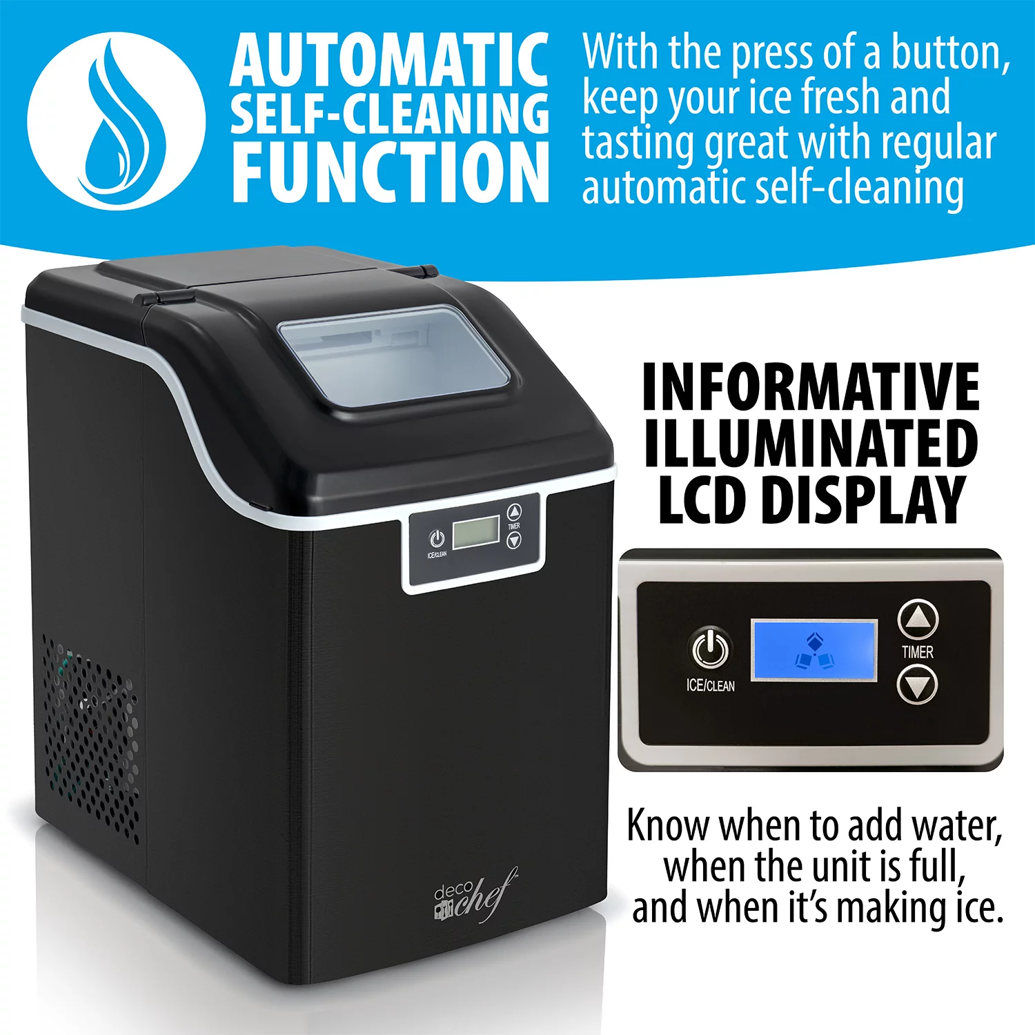 Deco Chef 44LB Countertop Ice Maker, 2.6LB Auto-Renew Basket 1.8LB per Hour, Black
