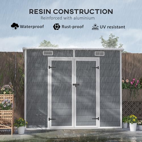 Outsunny 8' x 4' Outdoor Storage Shed, Resin Plastic Shed with Floor, Window, Lockable Doors and Vents, All-Weather Tool Shed for Backyard, Patio