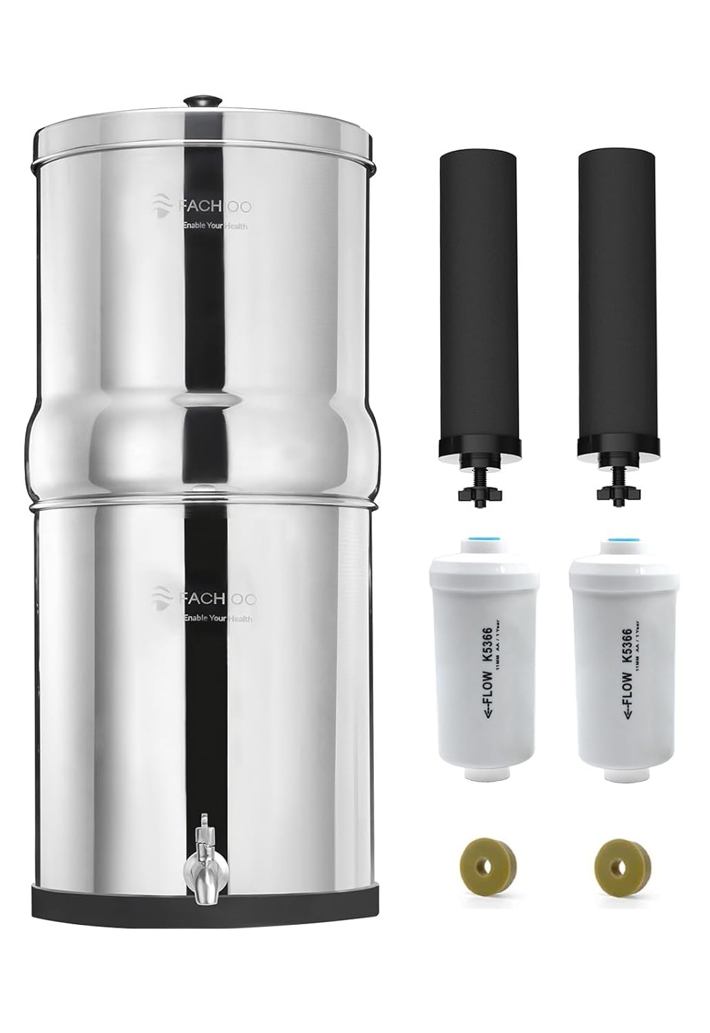 Gravity-fed Water Filter System, NSF/ANSI 42&372 Standard, 2.25G Stainless-Steel System with 4 Filters, Reduces Fluoride and Chlorine