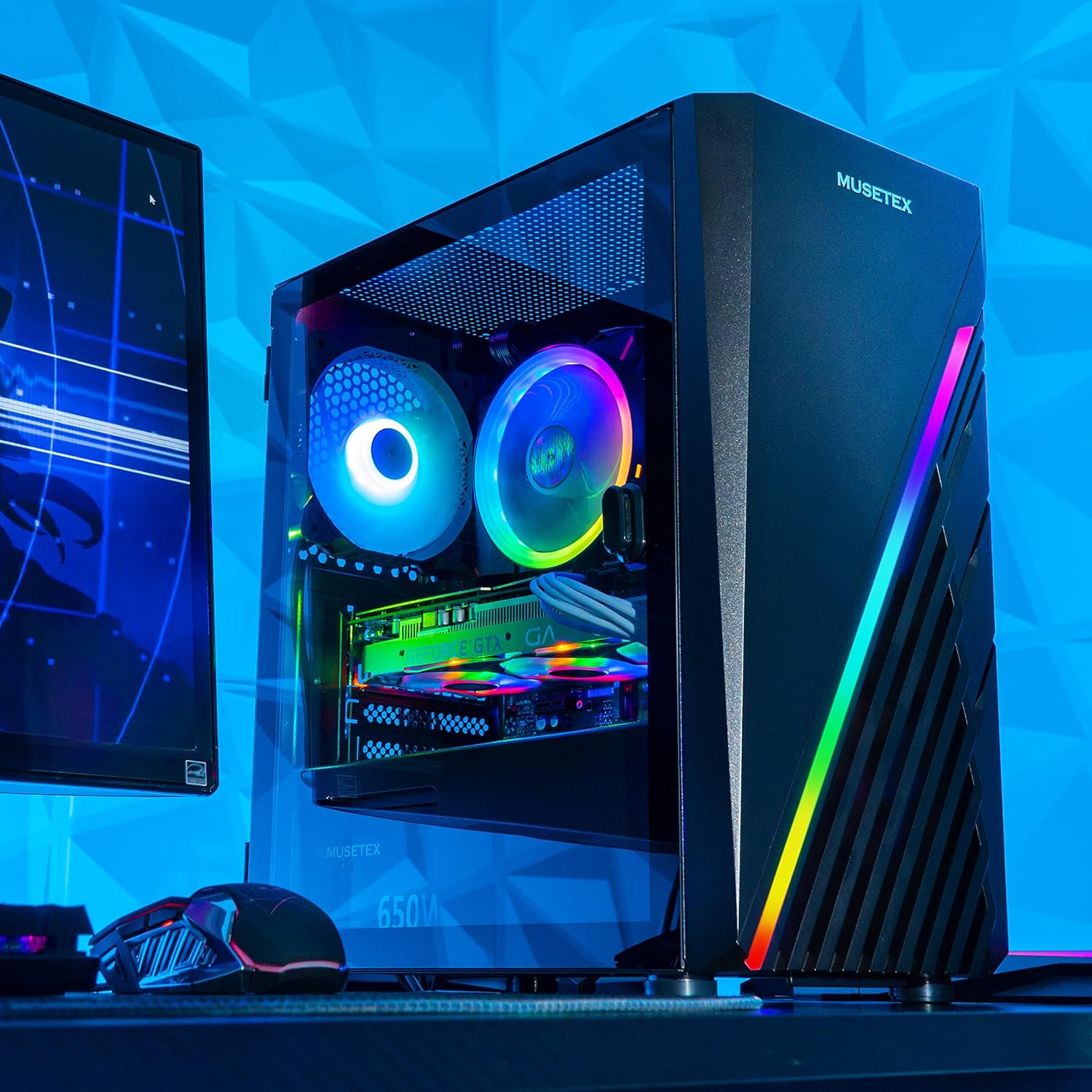 MUSETEX Micro ATX Case, Light Strip LED Computer Case with ARGB Fan, PC Gaming Case Mid Tower Case