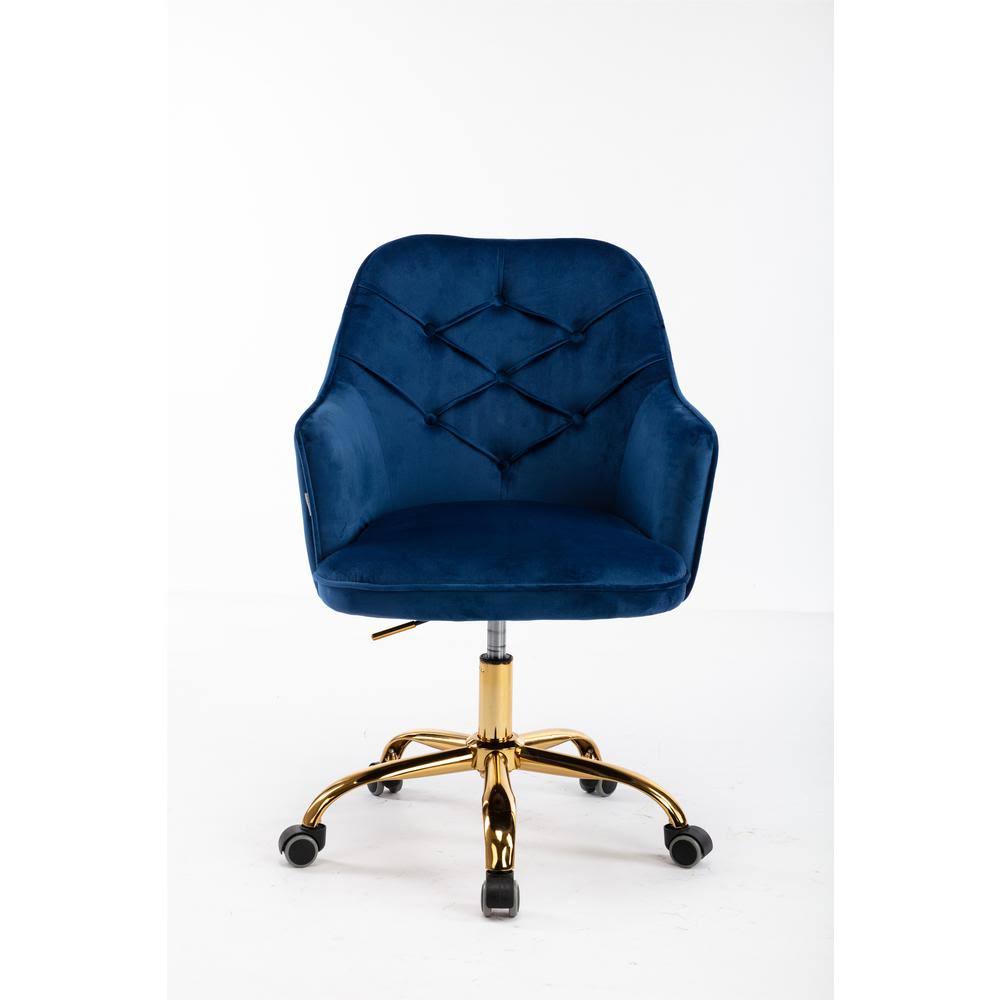 HOMEFUN Navy Velvet Upholstered Swivel Homeoffice Height Adjustable Task Chair with Gold Base and 360° Castor Wheels, Blue