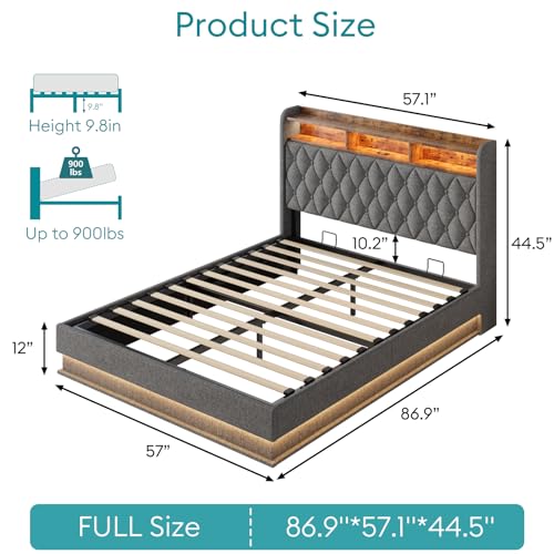 Queen Bed Frame with Storage - Lift Up Queen Size Bed Frame with Headboard, Upholstered Platform Bed with LED Lights & Charging Station