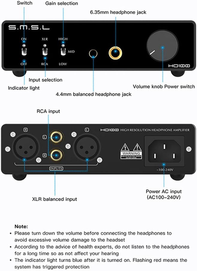 SMSL HO100 Balanced Headphone Amplifier 3000mW×3000mW RCA/XLR Input 6.35mm/4.4mm Balanced Headphone Output HiFi Home Audio Headphone Amp with Gain