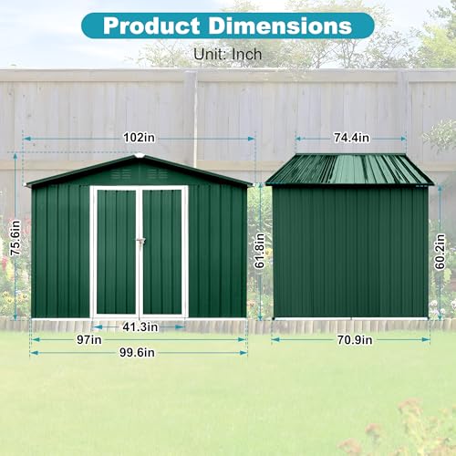 8x6 FT Outdoor Storage Shed, Metal Tool Shed with Lockable Doors, Peaked Roof & Frame Floor