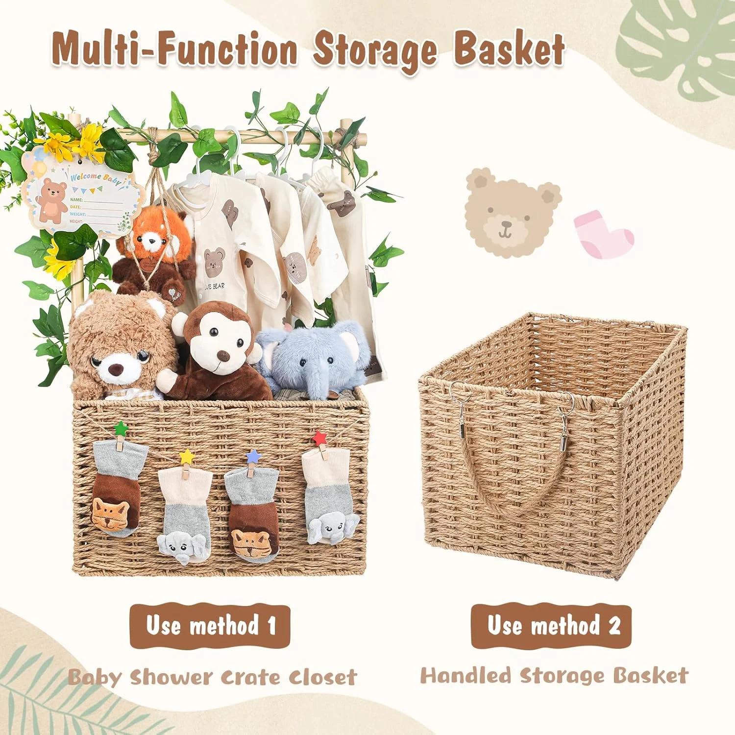 Wooden Woven Baby Shower Crate – Foldable Storage Basket with Handles, Handwoven Gift Box for Baby Shower &amp; Newborn Essentials