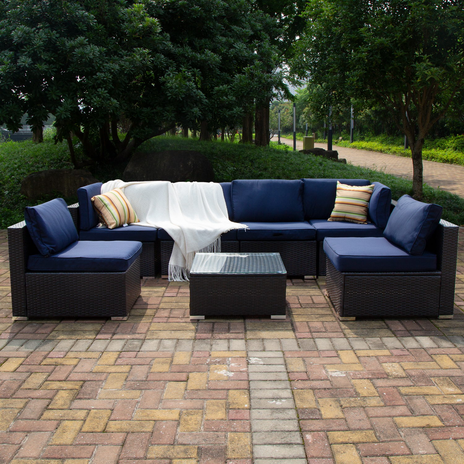 Outdoor Garden Terrace Blue Sofa Set of 7, PE Rattan and Small Yard Recreational Conversation Set with Cushions from EXCITED WORK