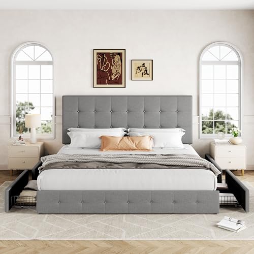 Allewie Upholstered Queen Size Platform Bed Frame with 4 Storage Drawers and Headboard, Square Stitched Button Tufted