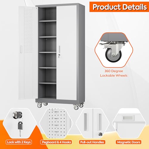 Aobabo 71" H×32" W×16" D Metal Storage Cabinet with Wheels, Garage Steel Storage Cabinet with 5 Adjustable Shelves and 4 Hooks for Home Office