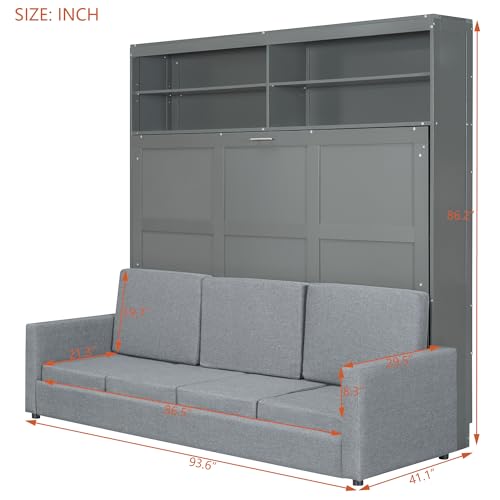 Harper & Bright Designs Queen Size Murphy Bed with Cushion and Storage Shelves, Wood Queen Platform Bed with Sofa, Wall Bed