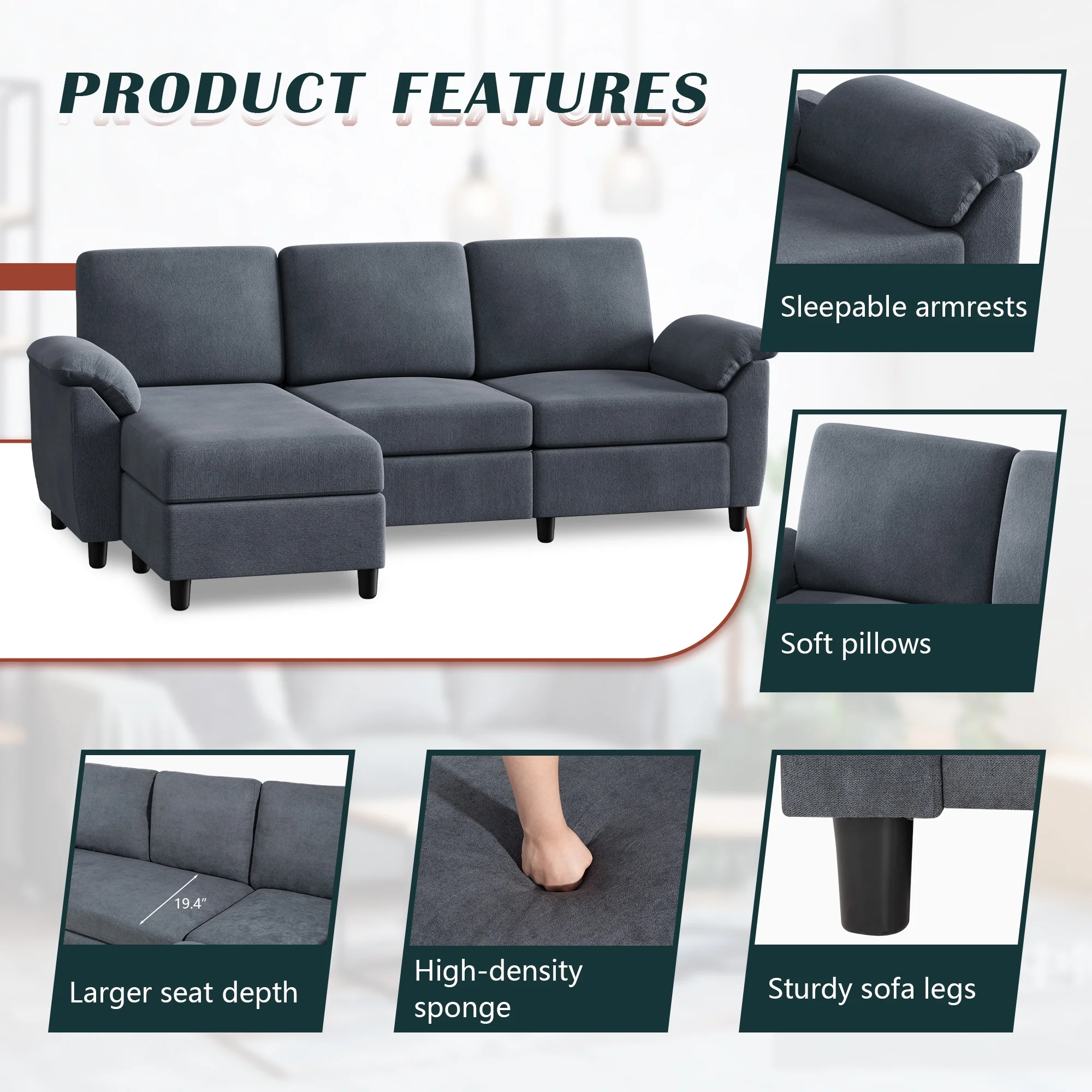 Walsunny 79 Convertible Sectional Sofa Couch,Linen Fabric L Shaped Sofa with Removable Pillows Dark Gray