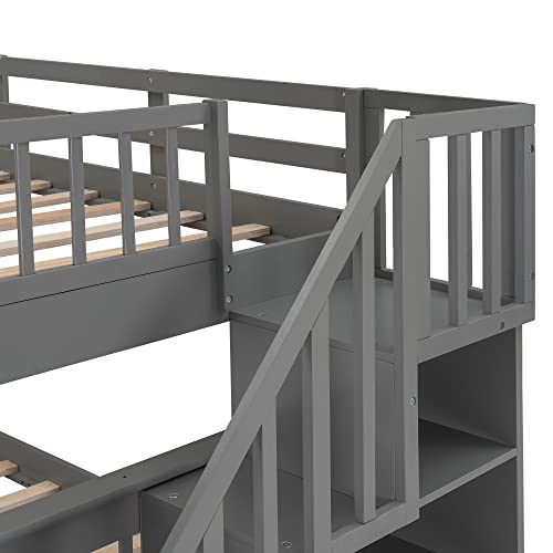 Ball & Cast Full Over Full Bunk Bed with Twin Size Trundle and Built in 4 Drawer,Wood Bunkbed w/Storage Ladder & Slat Support