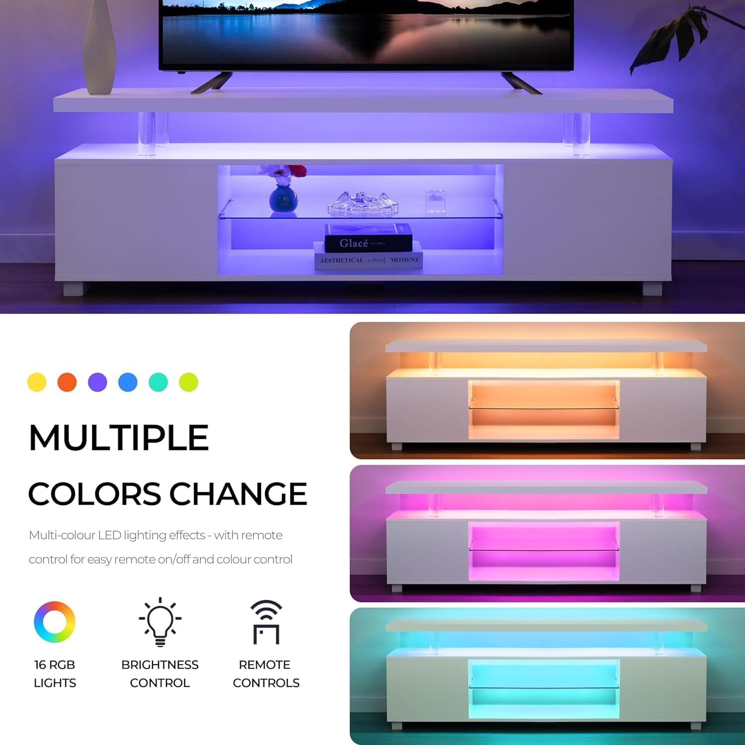 DMAITH TV Stand with LED Lights for 32/40/50/55 Inch TV, White Modern Entertainment Center TV Stand with Storage and Open Shelves, TV Console Cabinet