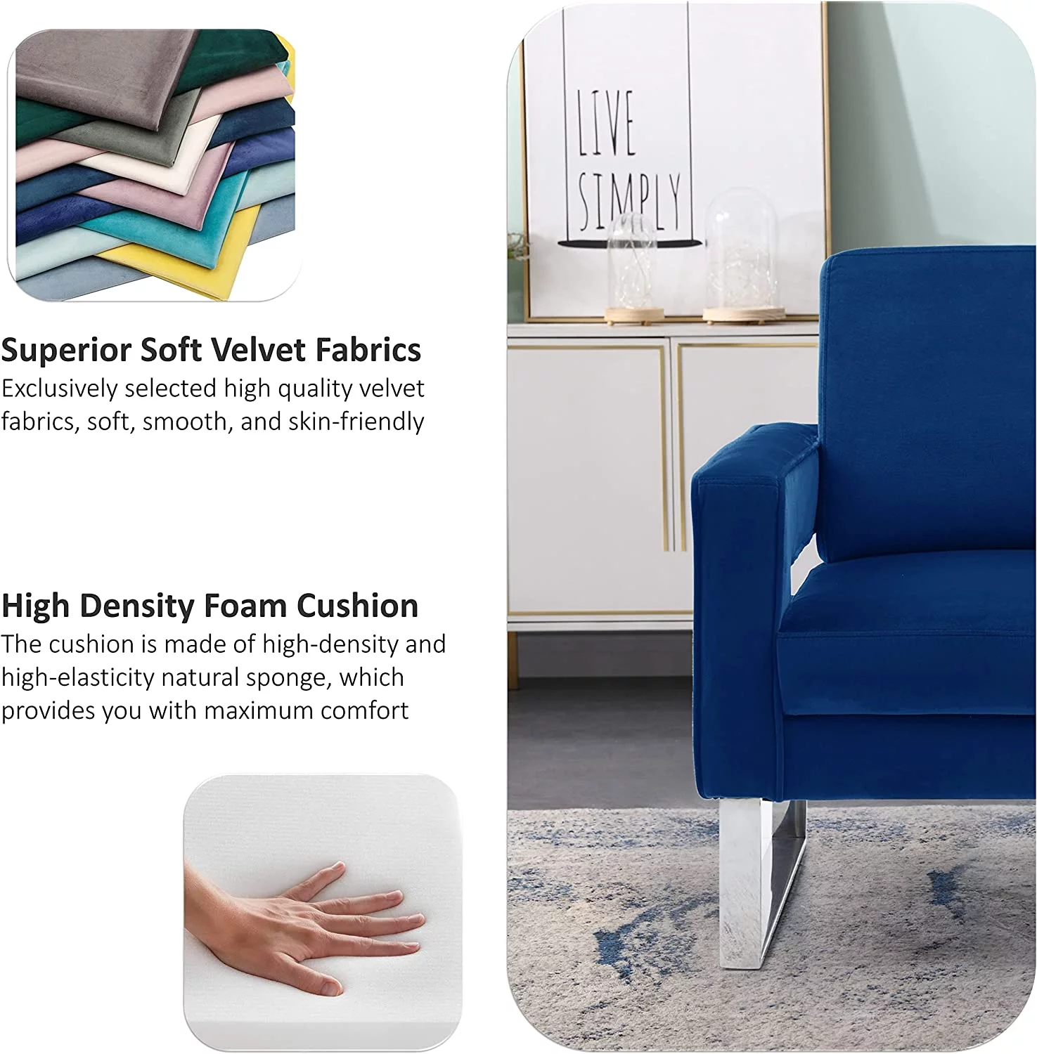 Locus Bono Velvet Arm Chair, Upholstered Lounge Chair Reading Chair for Living Room, for Adult(Navy Blue)