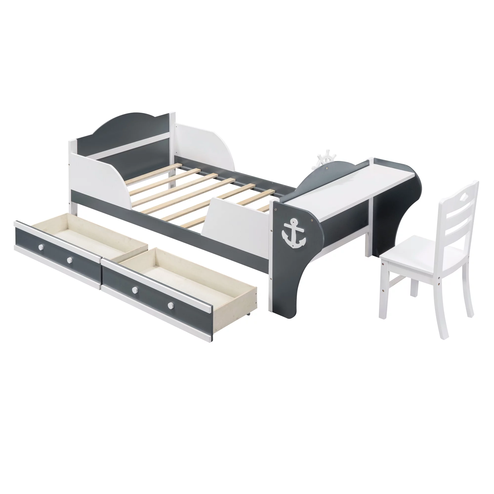 CoSoTower Twin Size Boat-Shaped Platform Bed with Two Drawers,Twin Bed with Desk and Chair for Bedroom,White+Gray