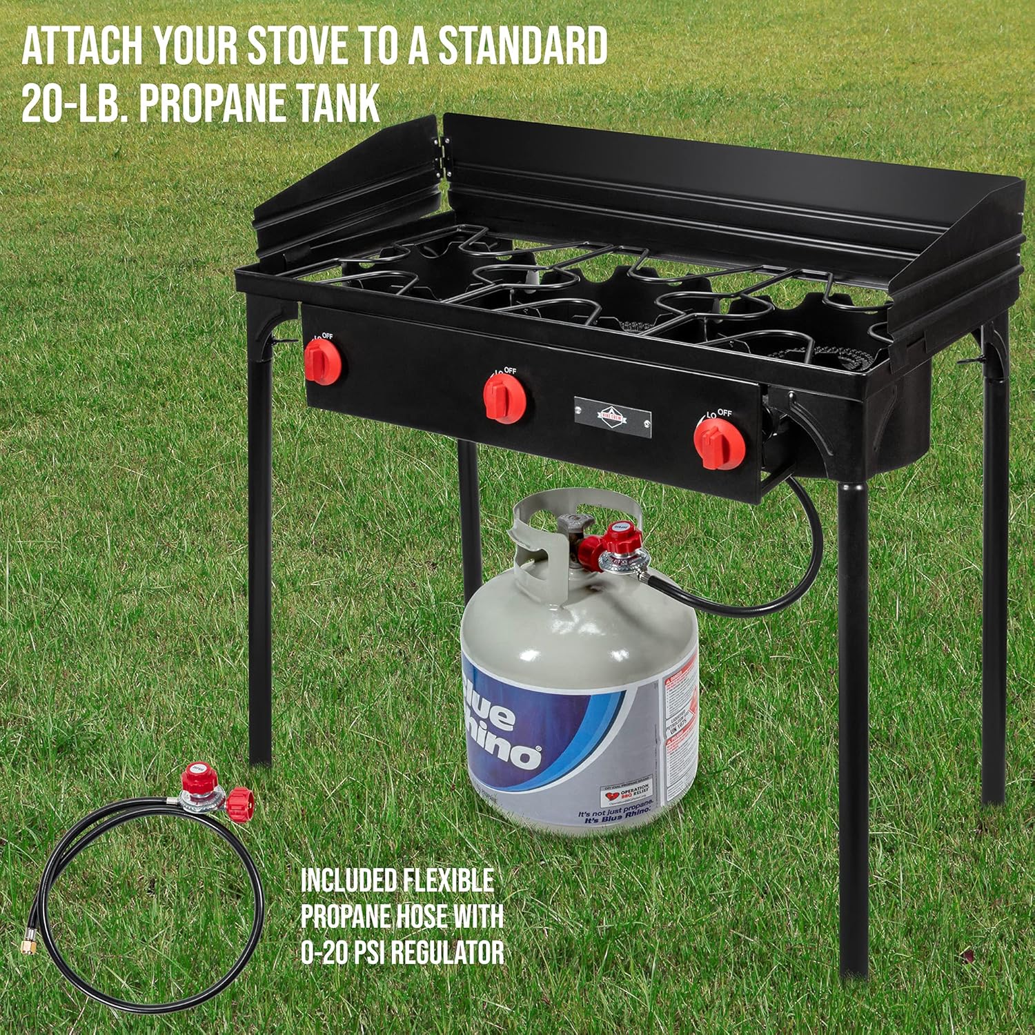 Hike Crew Cast Iron 3-Burner Outdoor Gas Stove | 225,000 BTU Portable Propane-Powered Cooktop with Removable Legs, Temperature Control Knobs