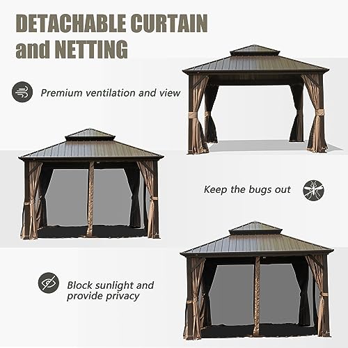 Domi 10’ x 10’ Hardtop Gazebo Metal Frame Canopy with Netting & Curtains