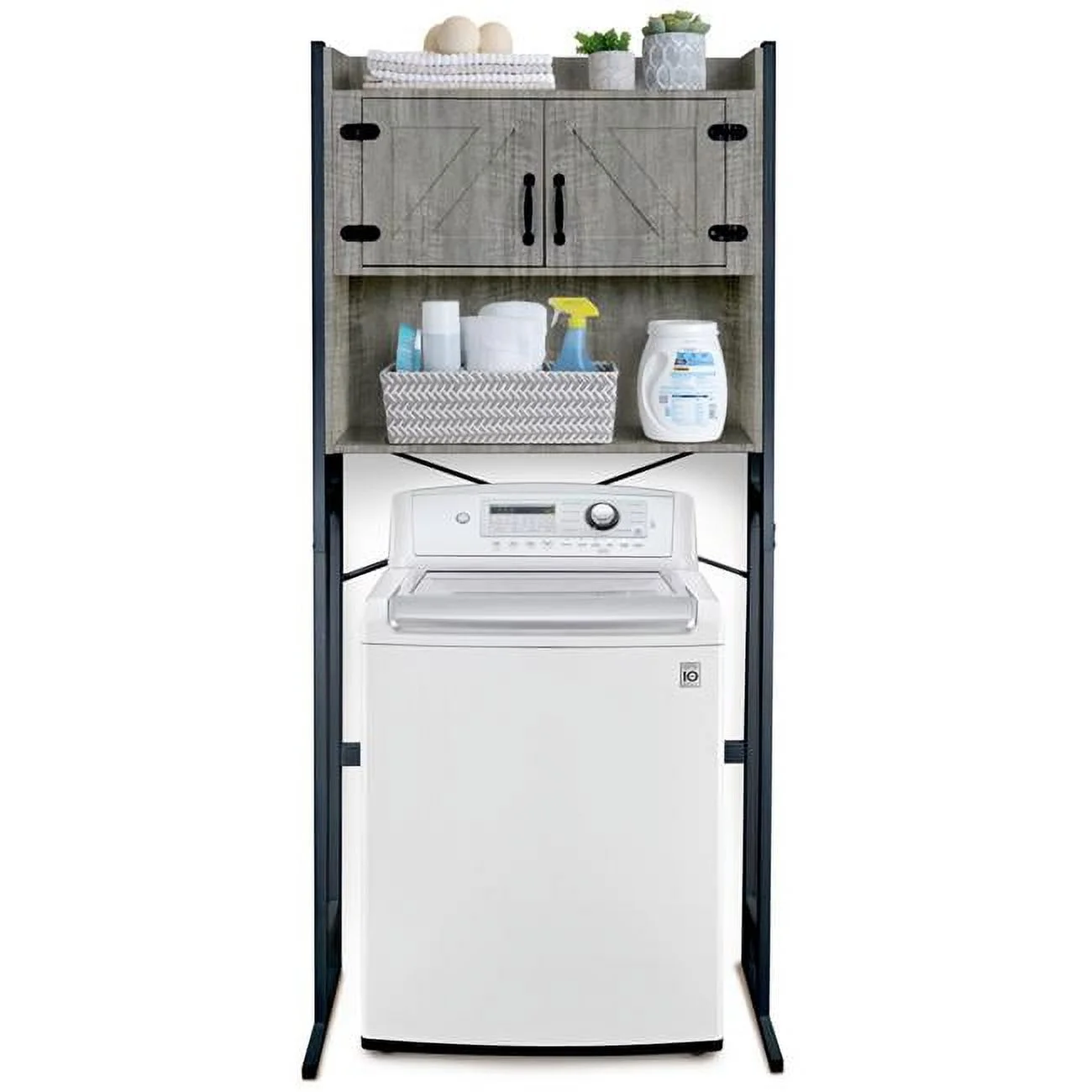 Over The Washer or Toilet Storage Cabinet w/ Height Adjustable Shelf, Laundry Room & Bathroom Organizer Rack, 2-Door Freestanding Deluxe Space Saver