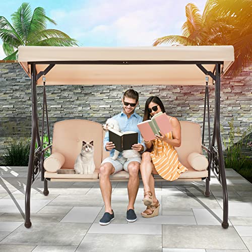 HOMREST 3 Seat Outdoor Porch Swing with Adjustable Canopy, Convertible Patio Swing Bed with Stand, Patio Glider Swing with Upgraded Cup Holder