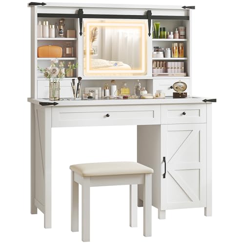 HOMCOM Farmhouse Vanity Desk with Mirror, LED Lights Makeup Vanity Table with 42 Inch Glass Tabletop, Cushioned Stool, Drawers & Shelves & Cabinet