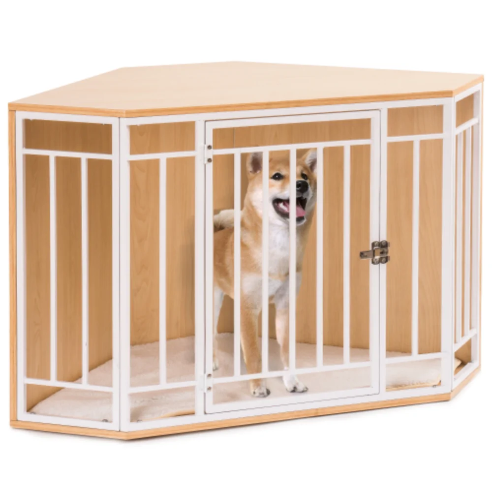 Corner Dog Crate with Cushion, Dog Kennel with Wood and Mesh, Doghouse, Pet Crate Indoor Use