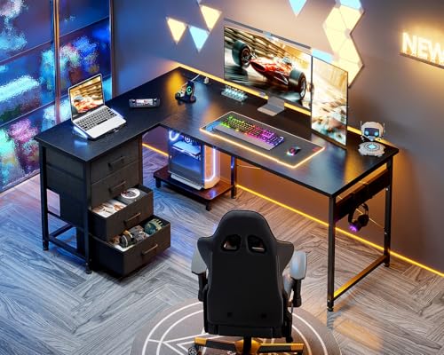 AODK L Shaped Gaming Desk with 4 Drawers, 61" Reversible Home Office Desks with Power Outlets