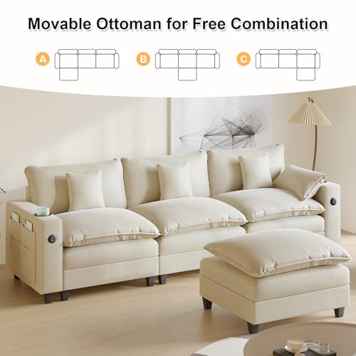Modular Sectional Sofa, Cloud Couch with Ottoman, Charging Station, Throw Pillows, Cup Holders, Modern Convertible U Shaped Couches for Living Room