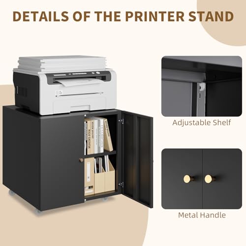 Mobile Mobile Printer Stand with Storage, Lateral Filing Cabinet with Adjustable Shelf