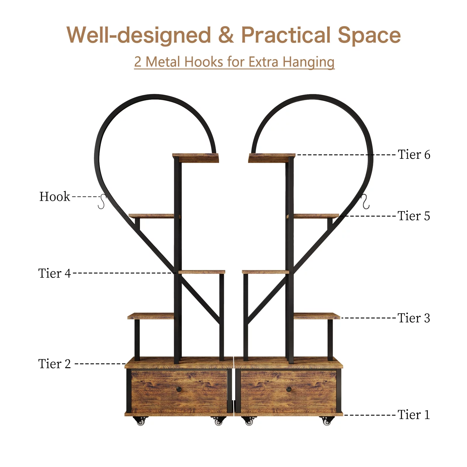 Walsport 6 Tier Plant Stand Indoor,Heart-Shape Plant Shelf with Drawer&Roller,Metal with Wood Plant Shelf for Home Decor,2pcs