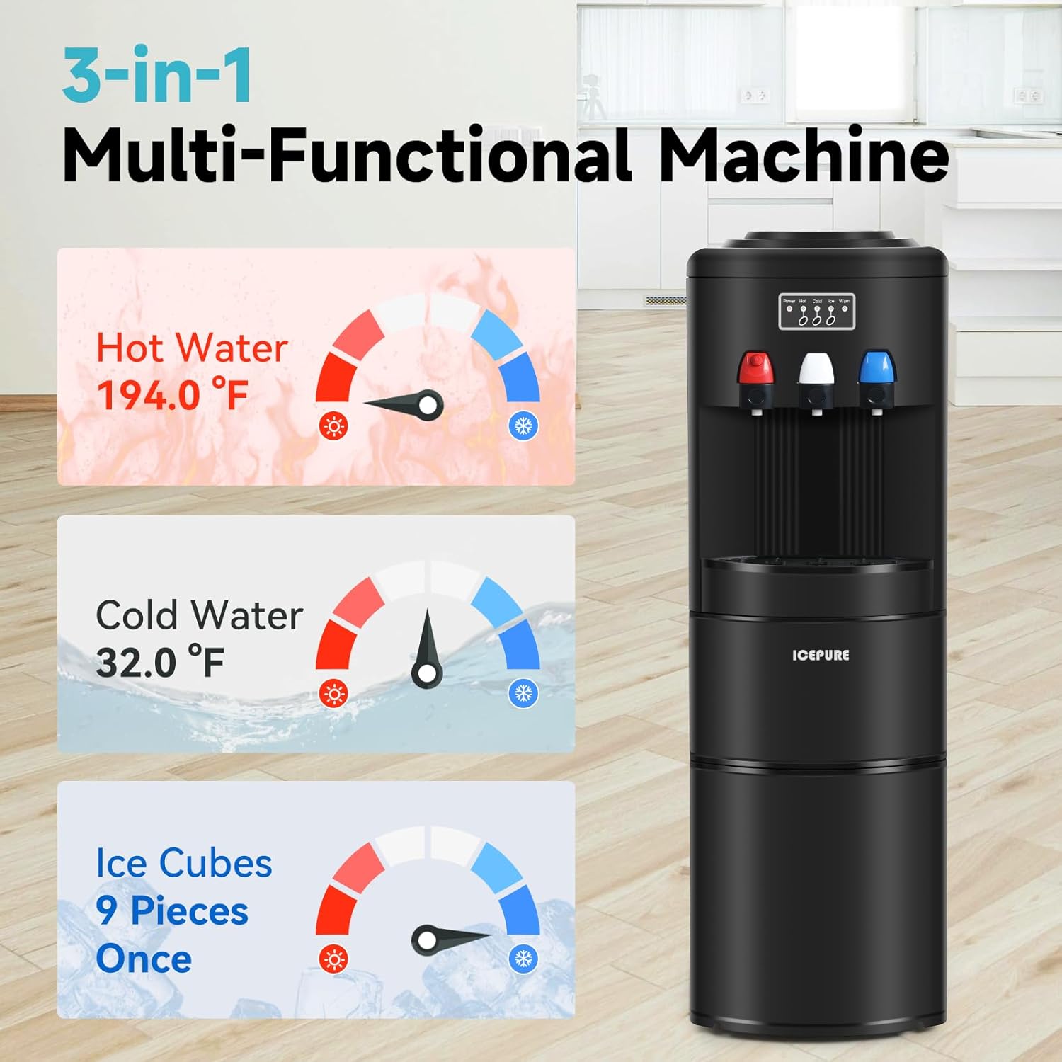 ICEPURE Water Dispenser with Ice Maker, 3-in-1 Hot and Cold Water Cooler with Built-in Bullet Ice Maker Machine, 26.5lbs/24H