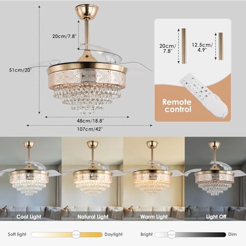 42'' Dimmable Fandalier Crystal Ceiling Fans LED Retractable Ceiling Fandeliers Chandelier with Light and Remote Ceiling Fan for Bedroom
