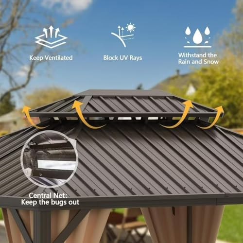 Domi 10’ x 10’ Hardtop Gazebo Metal Frame Canopy with Netting & Curtains