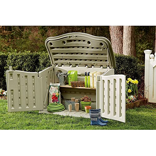 Rubbermaid Small Horizontal Resin Outdoor Storage Shed With Floor (4.5 x 3 Ft) Weather Resistant, Beige/Brown