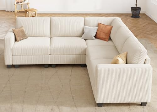 HONBAY Corduroy Modular Sectional Couch with Storage L-Shaped Sectional Couches for Living Room 6 Seater Modular Sofa, Dark Gray