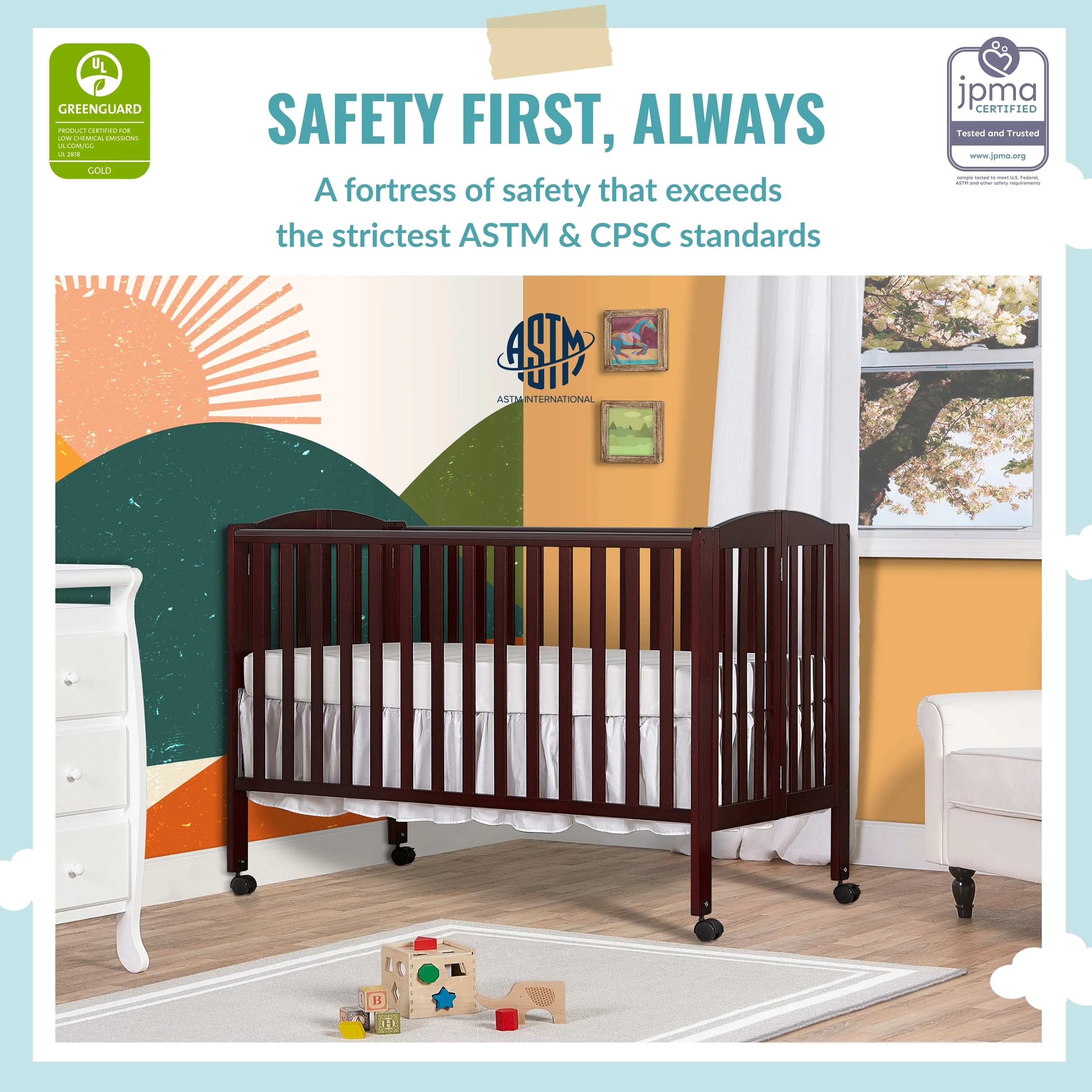 Dream On Me Full Size 2-in-1 Folding Stationary Side Crib, Locking Wheels, Espresso