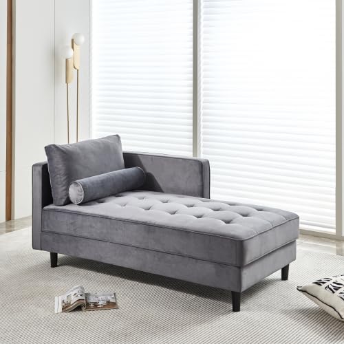 Velvet Chaise Lounge Chair, Modern Upholstered Velvet Chaise with Tufted Cushion, Sofa Recliner Lounge Chair with Adjustable Armrest and Pillows