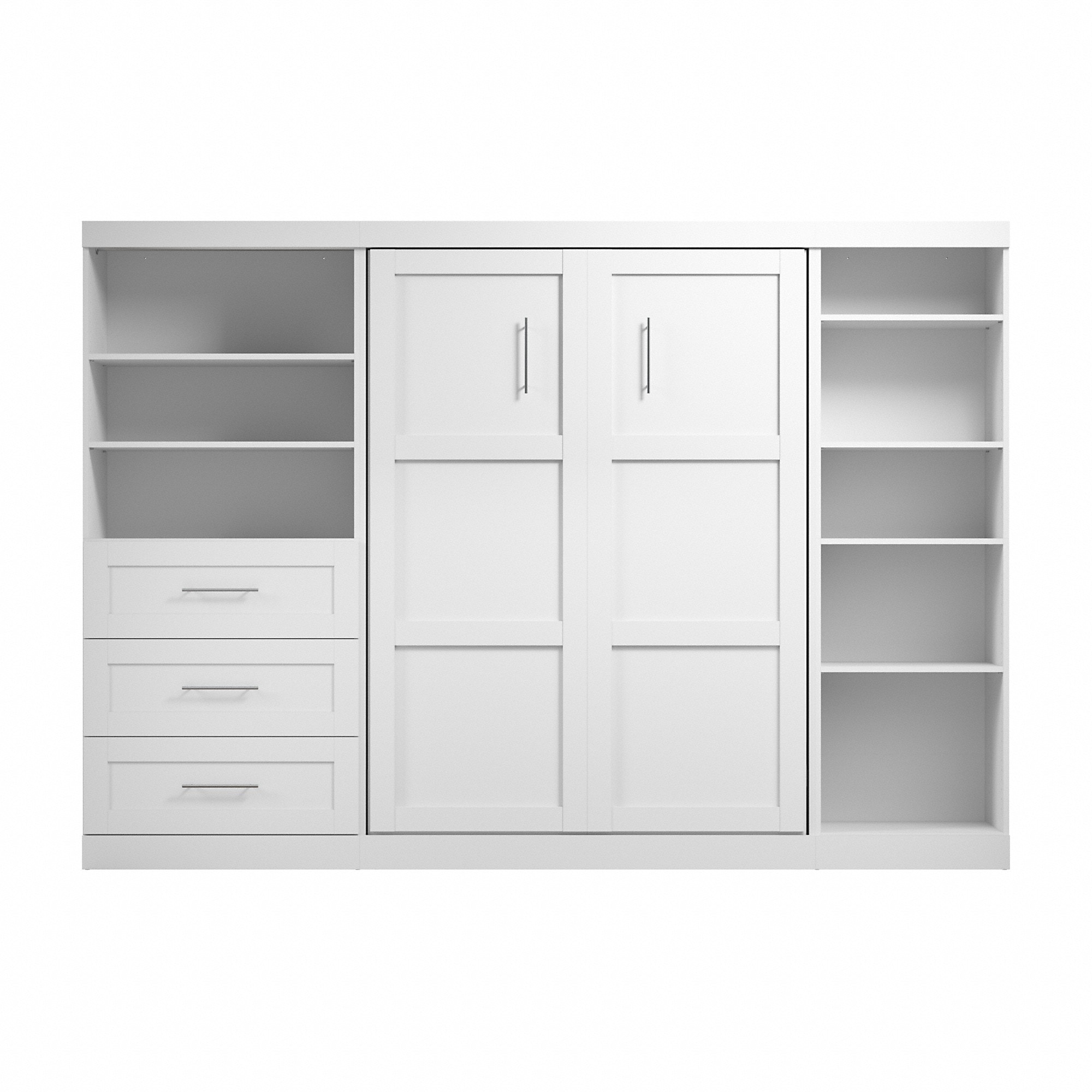 Bestar Pur Full Murphy Bed with Shelving and Drawers (120W) in Rustic Brown