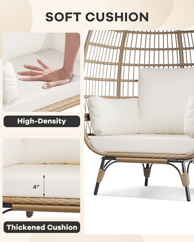 Oversized Wicker Egg Chair Outdoor, Patio Lounge Chair with Ultra Luxury Cushions & Steel Frame, 350LBs Capacity Egg Chair Indoor Outdoor for Balcony