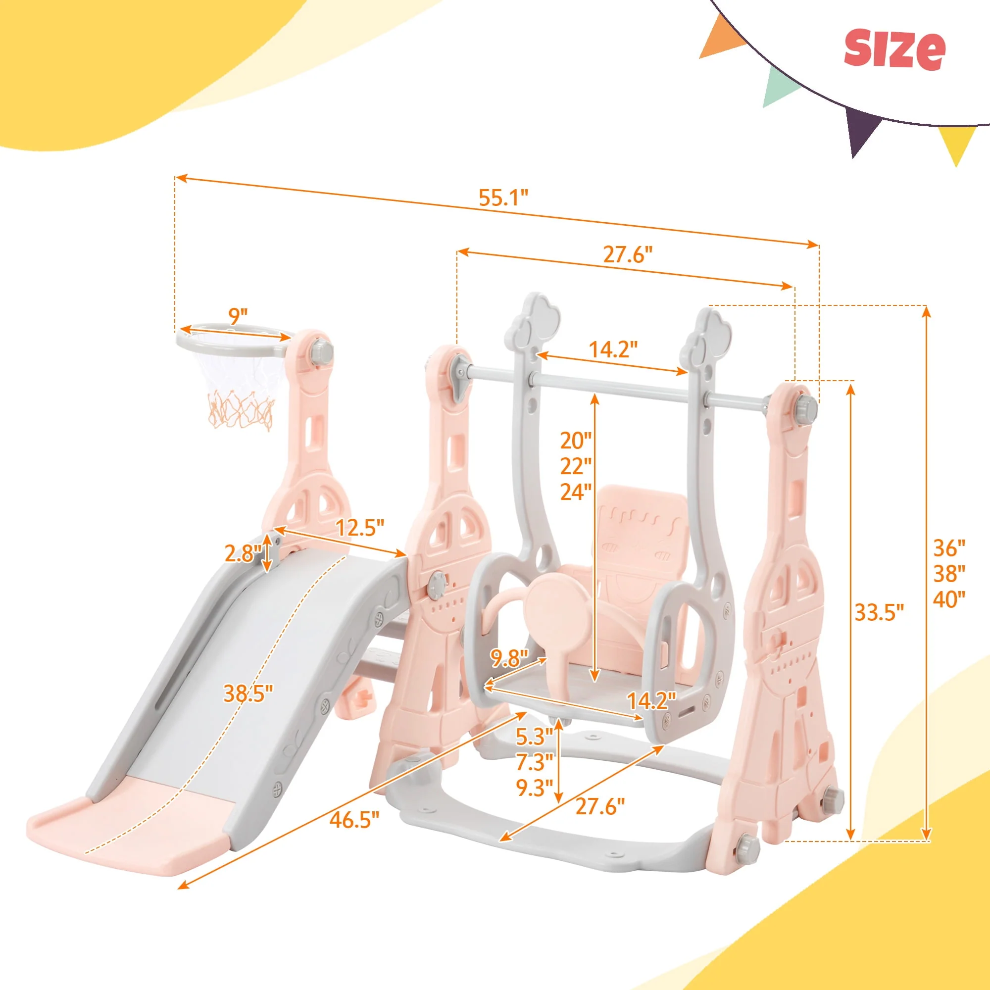 Toddler Slide and Swing Set 3 in 1, Kids Playground Climber Swing Playset with Basketball Hoops Freestanding Combination Indoor & Outdoor