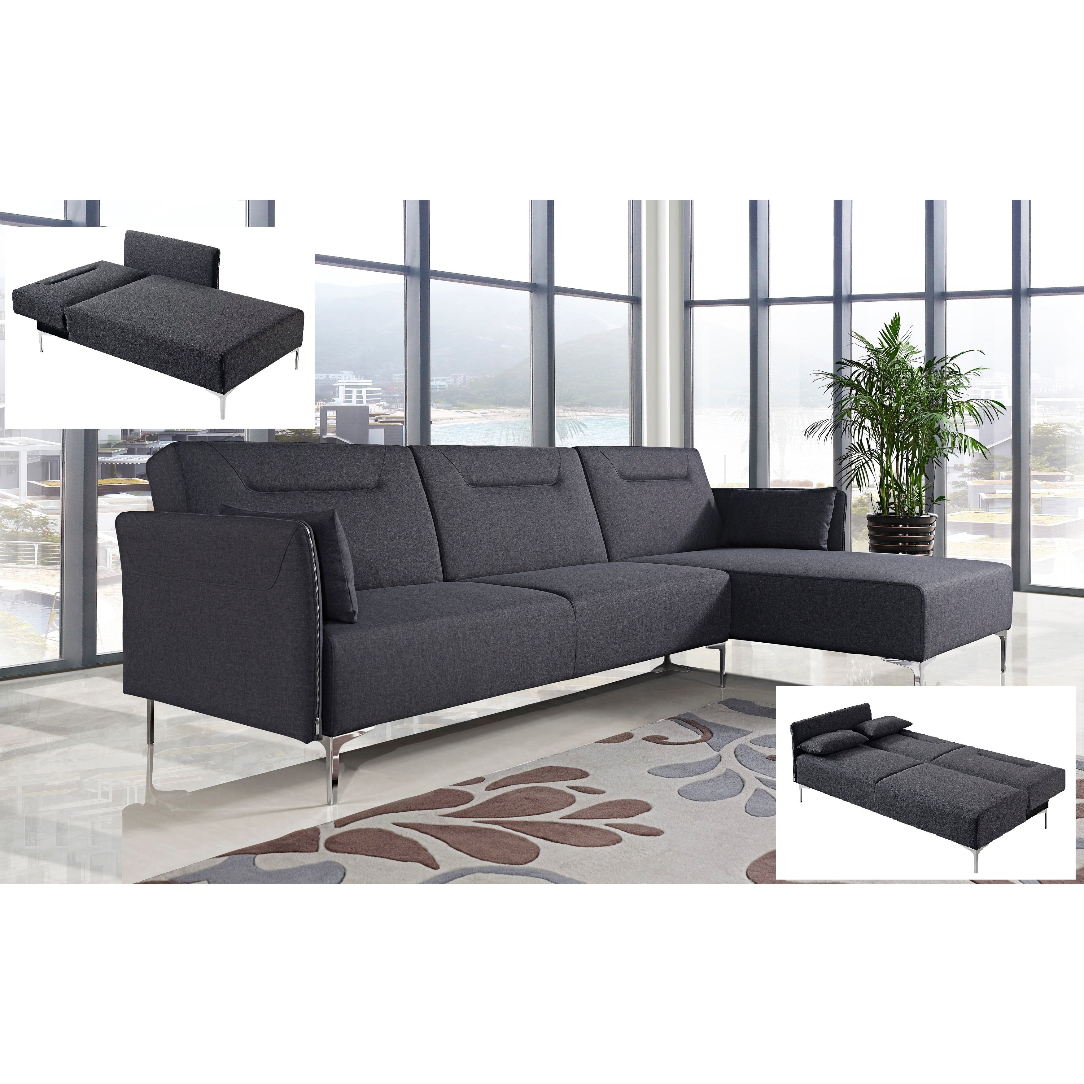 US Pride Furniture Ella Contemporary Fabric Upholstered Right Facing 2-Piece Sleeper Sectional Sofa, Black