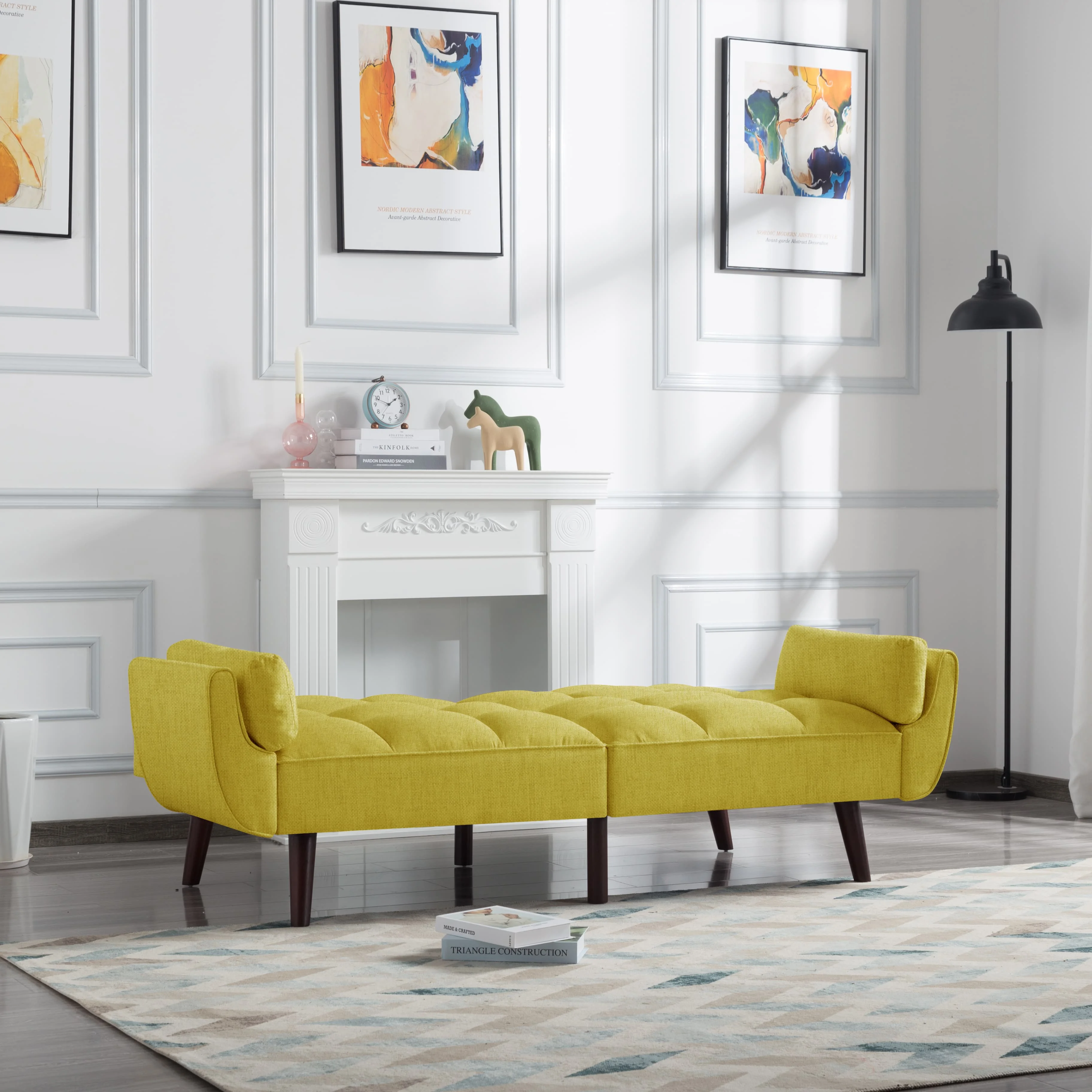 BSHTI 74.4 inch Foam Futon Sofa Bed,Converted Futon Sofa Sleeper with 2 Pillows for Livingroom(Yellow)
