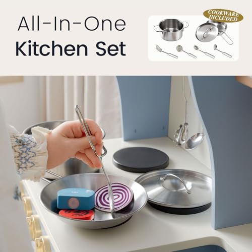 Tiny Land Play Kitchen for Kids with Enhanced Storage – Modern Toddler Kitchen Playset with Stove, Sink & Accessories, Organized Wooden Toy Kitchen