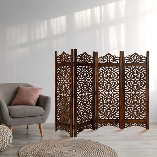 Lightnpro Wooden Room Divider - Handmade Foldable Partition Screen with Intricate Oval Carved Design Hinged